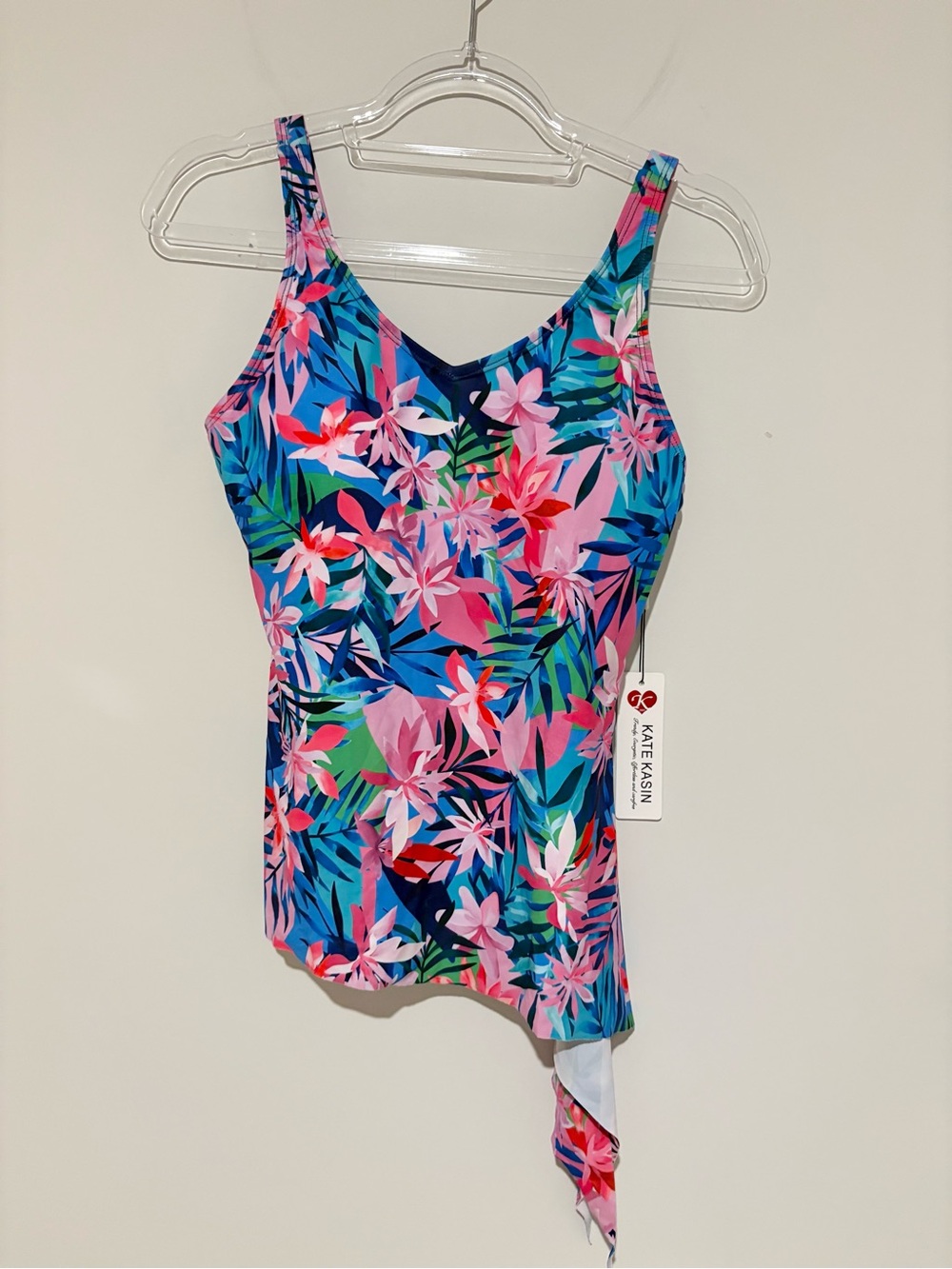 Kate Kasin asymmetrical ruffle floralโ Tankini Swim Top blue pink medium NWT